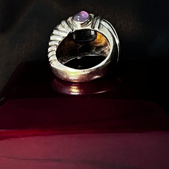 Vintage RING Sky Blue Topaz 4 ct 10mm Emerald Cut Gemstone and Amethyst Cabochon - Picture 5 of 9